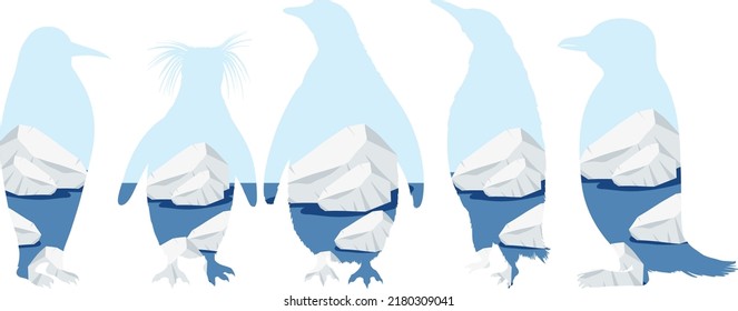 Silhouette of penguin with glacier ice background icon illustration