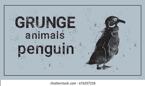Silhouette Penguin In Grunge Design Style Animal Icon Vector Illustration