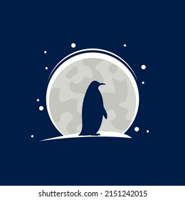 silhouette penguin logo standing on full moon at dark night