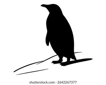 Silhouette of a Penguin on a Snowy Landscape,  silhouette of a penguin standing on a snowy or icy surface, penguin, silhouette, bird, black and white, animal, wildlife, arctic, antarctic, snowy, ice. 