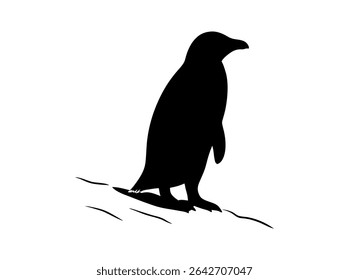 Silhueta de um pinguim em uma paisagem de neve, silhueta de um pinguim de pé em uma superfície de neve ou gelada, pinguim, silhueta, pássaro, preto e branco, animal, vida selvagem, ártico, antártico, nevado, gelo. 