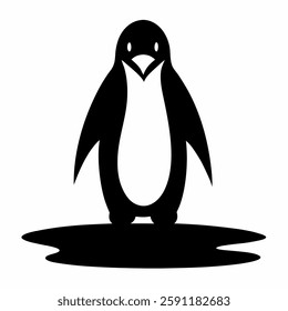 "Silhouette of a penguin standing alone on ice, black and white.