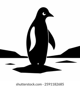"Silhouette of a penguin standing alone on ice, black and white.