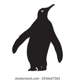 A silhouette of a penguin stands against a stark white background, highlighting its distinctive shape and features