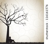 silhouette of a pensive man under a tree vector illustration
