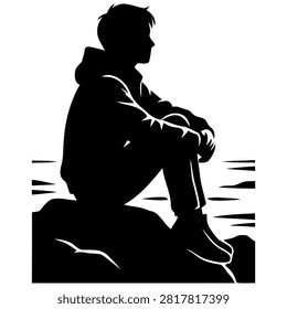 Silhouette of a Pensive Young Man Sitting on a Rock by the Sea, Minimalist Vector Illustration
