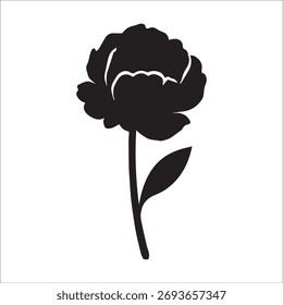 Silhouette of a Peony Flower with Stem and Leaf - Minimalist Black and White Botanical Illustration