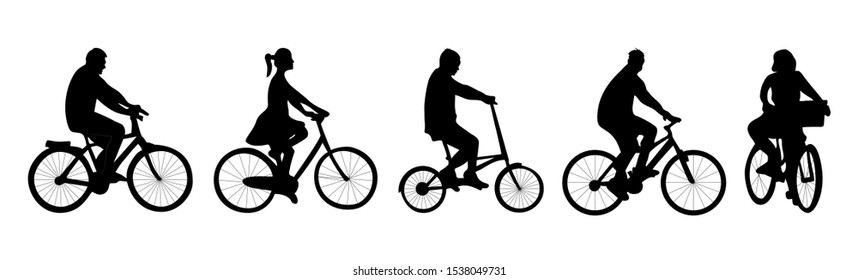 Silhouette of people with bicycle. Women and men. Vector illustration. Tempalte of graphic design, advertising of sport shop, card, banner. Isolated. Black color.