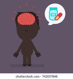 Silhouette people with brain highlight vector illustration: Pills & headache
