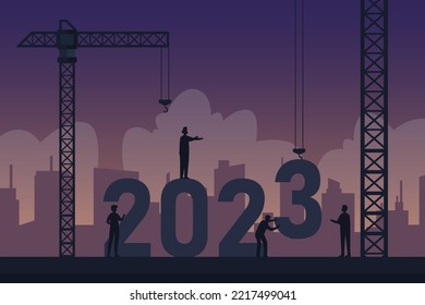 Silhouette of People build 2023 New Year 2d vector illustration concept for banner, website, illustration, landing page, flyer, etc.