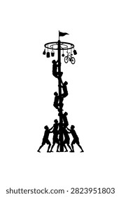 Silhouette of people building a human tower to reach a goal. Represents teamwork, trust, leadership, cooperation, ambition, and achievement.