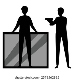 Silhouette of People Carrying a Large Window Frame Together