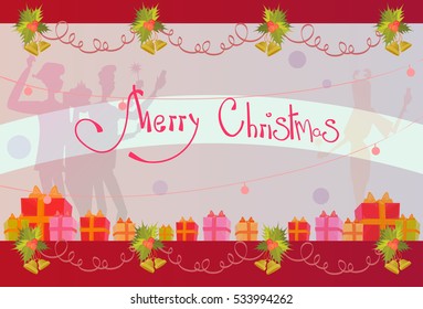 Silhouette People Celebrate Merry Christmas And Happy New Year Greeting Card Banner Flat Vector Illustration