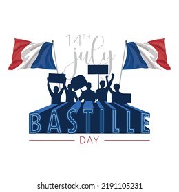 Silhouette of people celebratin with flags Bastille day celebration Vector