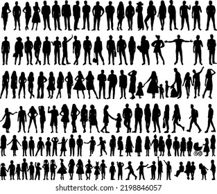 silhouette people and children set isolated, vector