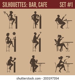 Silhouette people collection. Cafe bar restaurant bistro cafeteria visitors men women silhouettes. 