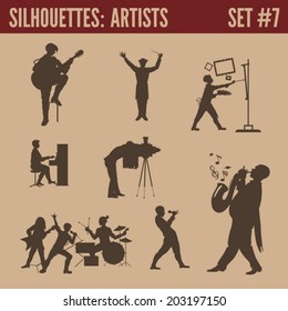 Silhouette people collection. Men of arts silhouettes. Guitar singer, conductor, artist painter, piano performer, photographer retro, sax saxophone player, rock band concert, dart.