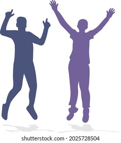 Silhouette of people. A couple of people. Jump and hands up. Flat style. Vector image isolated. Great design for any purpose. Vector graphics. Design element.