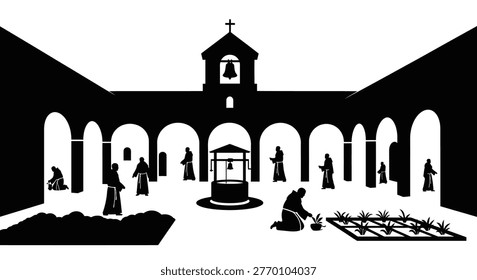 Silhouette of people in a courtyard