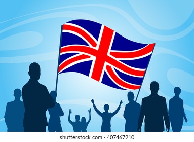 Silhouette People Crowd Protest Hold English Great Britain  Flag Vector Illustration