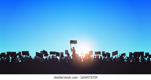 silhouette of people crowd protesters holding protest posters men women with blank vote placards demonstration speech political freedom concept horizontal portrait vector illustration