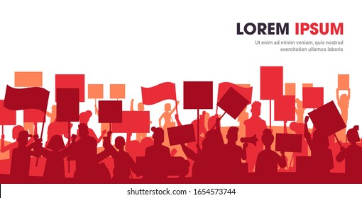 silhouette of people crowd protesters holding protest posters men women with blank vote placards demonstration speech political freedom concept horizontal portrait copy space vector illustration