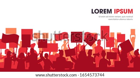 silhouette of people crowd protesters holding protest posters men women with blank vote placards demonstration speech political freedom concept horizontal portrait copy space vector illustration
