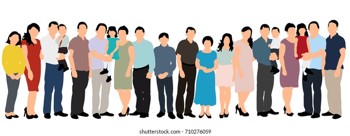 silhouette people, crowd, white background, flat style, family