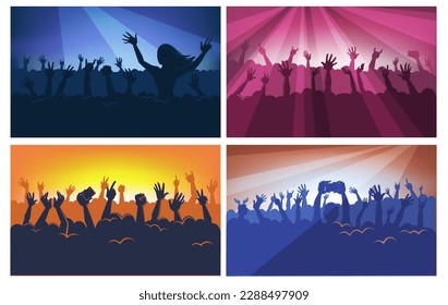 Silhouette of people dancing and entertaining in crowd by stage. Music concert of party, festival or performance fans taking photos and videos. Spotlights and cheering youth. Vector in flat style