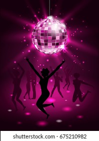 Silhouette People Dancing in Night-club, Disco Ball, Glitter Party Background - Illustration Vector