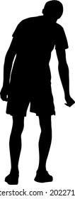 Silhouette people in different poses bent over on a white background.
