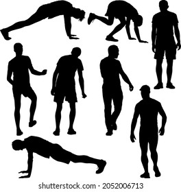 Silhouette people in different poses bent over on a white background