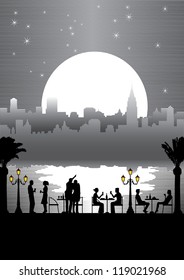 Silhouette of people dining outdoor at night, black and white vector