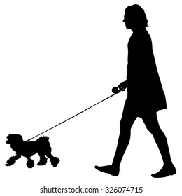 Silhouette of people and dog. Vector illustration.