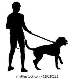 Silhouette of people and dog. Vector illustration.