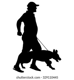 Silhouette of people and dog. Vector illustration.