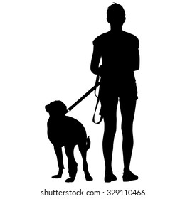 Silhouette of people and dog. Vector illustration.