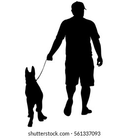 Silhouette of people and dog. Vector illustration.