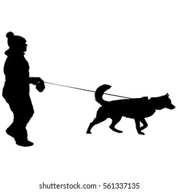 Silhouette of people and dog. Vector illustration.