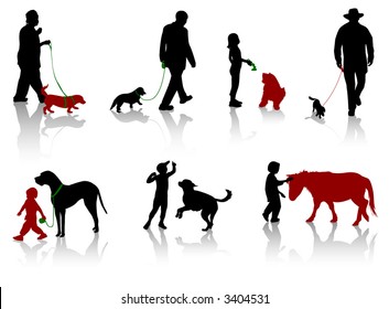 Silhouette of people with dogs.