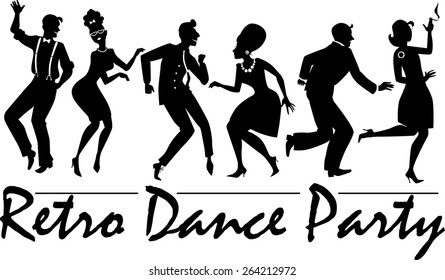 Silhouette of people dressed in vintage fashion, dancing the twist and rock and roll, vector illustration, no white, EPS 8 