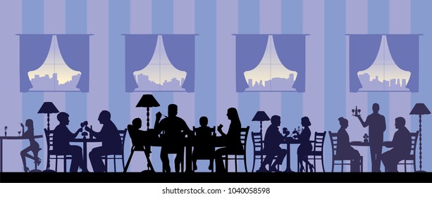 Silhouette of people eating in a restaurant with all figures as separate objects layered, one in the series of similar images