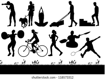 Silhouette of people exercising and burning calories, vector