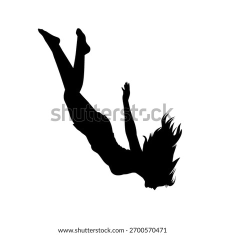 Silhouette of people falling or floating in mid-air isolated on white background. Abstract concept of free fall, losing balance, gravity, motion, dream, and surreal movement.