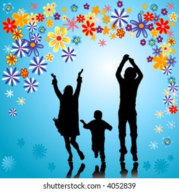 silhouette of people family on flowers background