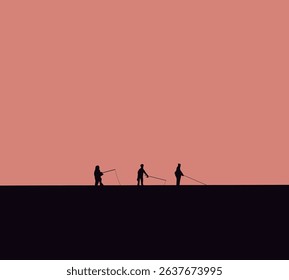 Silhouette people fishing during summer sunset sky create a peaceful and beautiful. Outdoor activity holiday vacation.