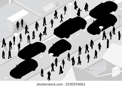 Personas de silueta yendo, apresurándose en diferentes negocios, apresurándose a trabajar, oficina. Concepto de la vida de la ciudad de la mañana. Hora punta, tráfico urbano ocupado con peatones y coches, panorama. Vector plano ill