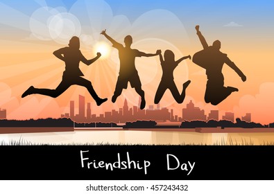 Silhouette People Group Jumping Over City Background Friendship Day Banner Flat Vector Illustration