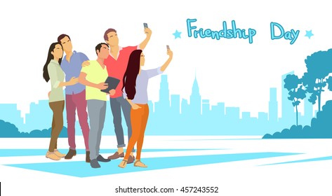 Silhouette People Group Make Selfie Photo Over City Background Friendship Day Banner Flat Vector Illustration