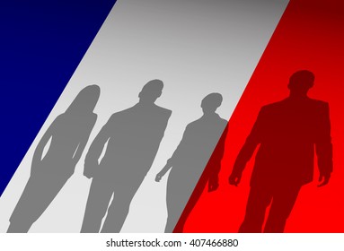 Silhouette People Group Over France Flag Background Vector Illustration
